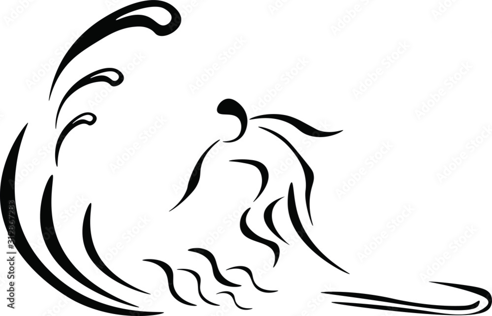 silhouette of a surfer, waves and surfboat on white background. Concept for logo, icon, print