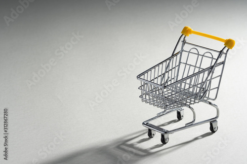Shopaholic. Buyer. Shopping concept. Close-up. An isolated trolley and shopping basket on a ivory background bisected