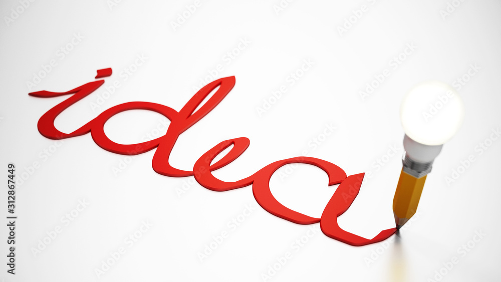 Pencil with atached lightbulb on idea word. 3D illustration