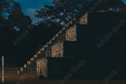 Mayan pyramid at night on Copan Ruins, Honduras