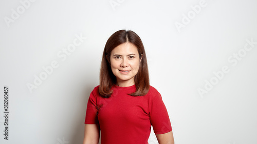 woman asian short brown hair in red dress