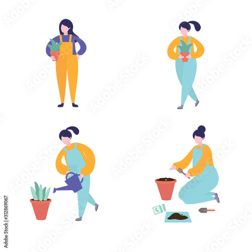 Indoor floriculture concept. Woman Gardener set. Care and cultivation of indoor plants. The woman prepares the ground for transplanting. Trendy flat vector illustration
