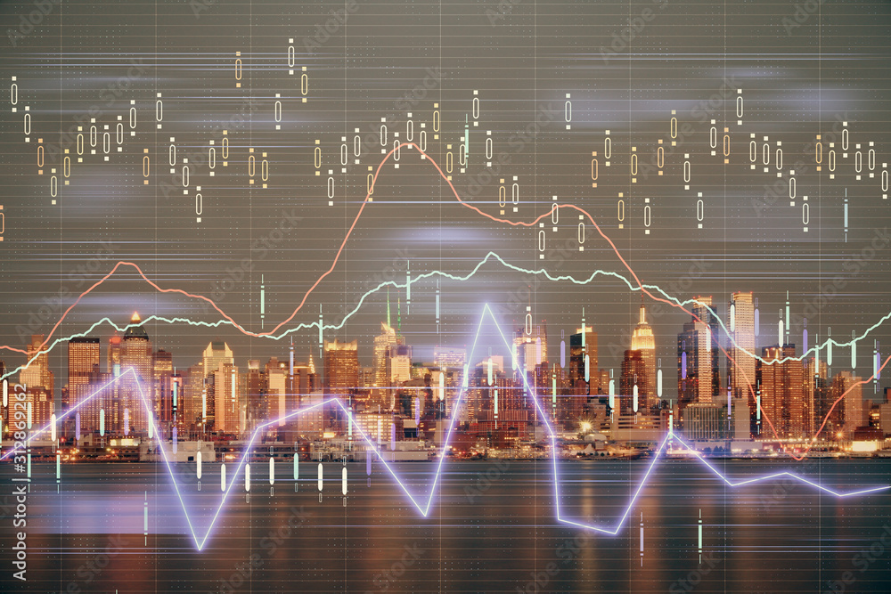 Financial graph on night city scape with tall buildings background double exposure. Analysis concept. Financial graph on night city scape with tall buildings background double exposure. Analysis concept.