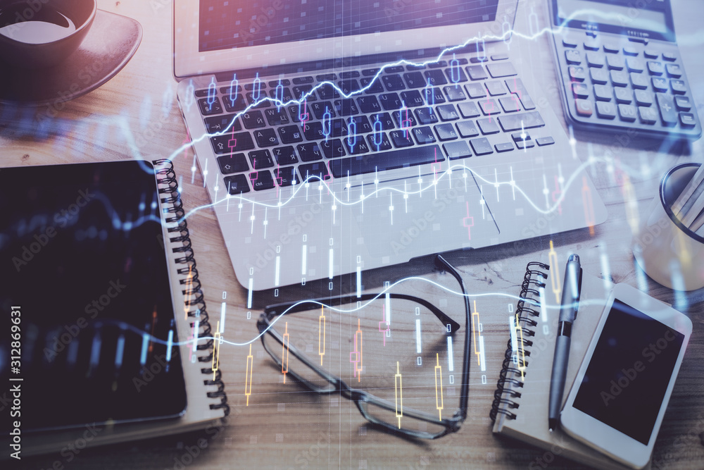 Stock market graph and table with computer background. Multi exposure. Concept of financial analysis. Stock market graph and table with computer background. Multi exposure. Concept of financial analysis.