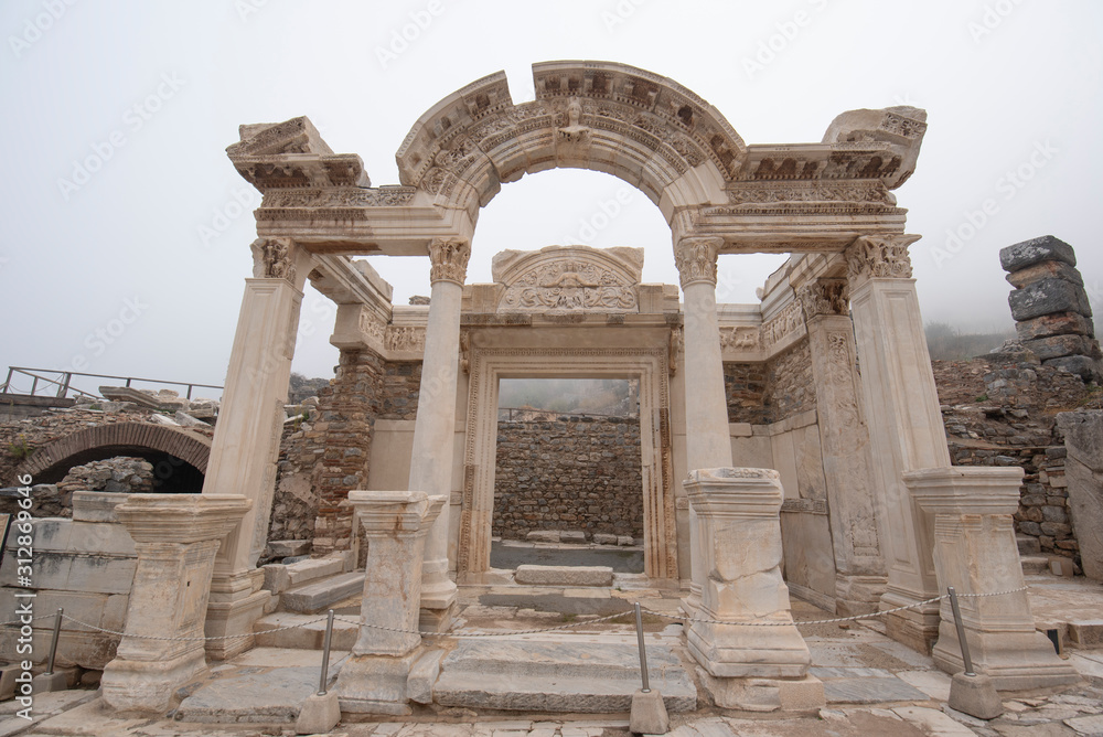 Temple Of Hadrian in Ephesus, Selcuk Izmir, Turkey. The ancient city of Efes. The UNESCO World Heritage site with ancient Roman buildings