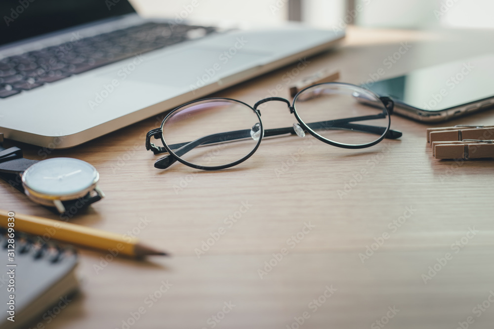Fototapeta premium mockup image.office equipment on desk table wooden.blank background empty copy space for text design studio creativity ideas for study,education,business modern accessories at workplace.blogging,blog