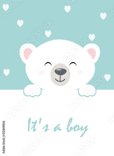 Pretty face the bears. Children s design cute bear with the message I am a boy on a turquoise background with hearts. Vector.
