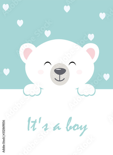 Pretty face the bears. Children's design cute bear with the message I am a boy on a turquoise background with hearts. Vector.