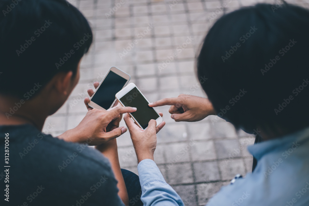 Mockup image blank white screen cell phone.woman hand holding texting using mobile at coffee shop.background empty space for advertise text.people contact marketing business,technology 