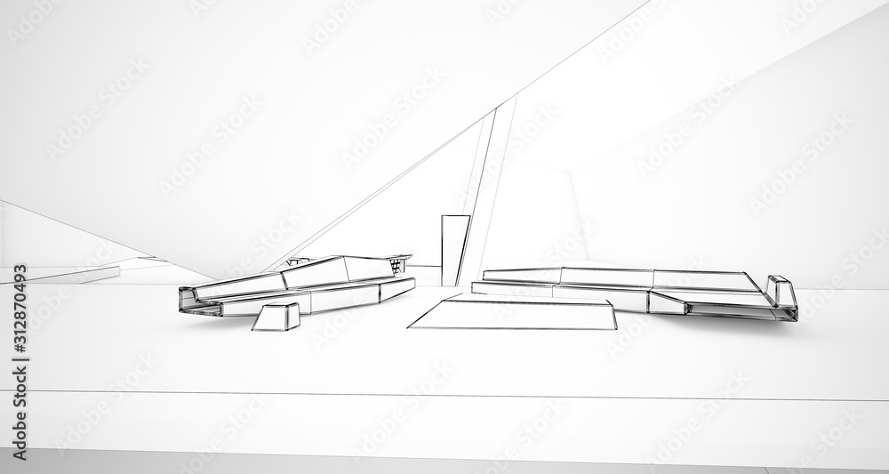 Abstract drawing architectural white interior of a minimalist house with swimming pool and large window. 3D illustration and rendering.