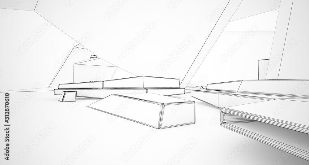 Abstract drawing architectural white interior of a minimalist house with swimming pool and large window. 3D illustration and rendering. Abstract drawing architectural white interior of a minimalist house with swimming pool and large window. 3D illustration and rendering.