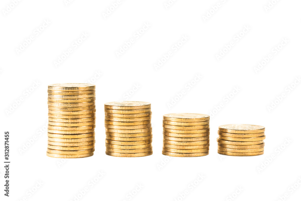 Stack increasing gold COINS on a white background. Stack increasing gold COINS on a white background.