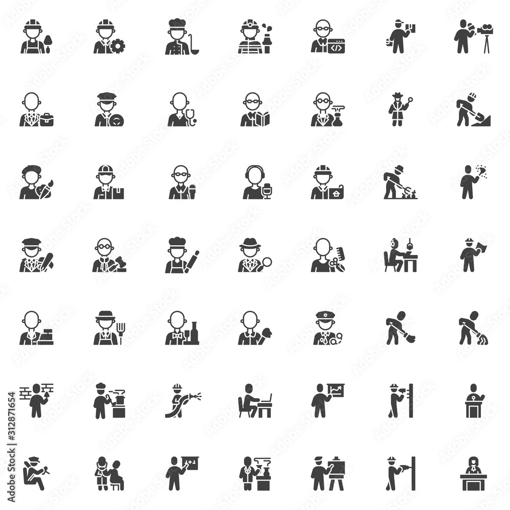People occupation characters vector icons set, People professions modern solid symbol collection, filled style pictogram pack. Signs, logo illustration. Set includes icons as different workers people