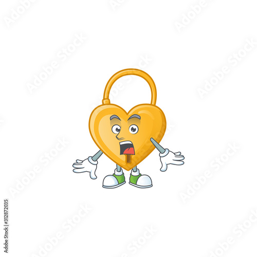 Surprised love padlock gesture on cartoon mascot design