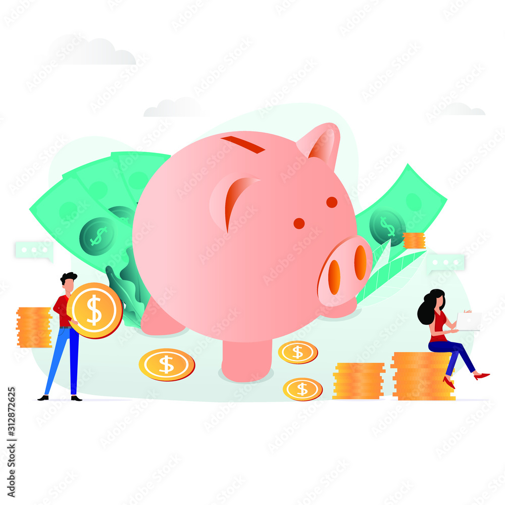 Large pink piggy bank with business people and golden coin. Large pink piggy bank with business people and golden coin.
