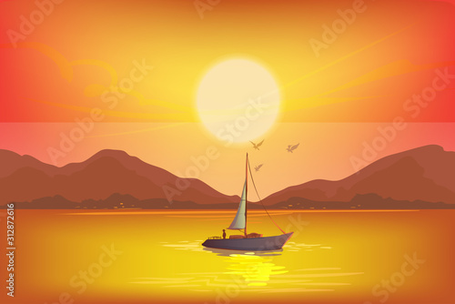 The sun is setting the horizon, Golden sea and mountains. Vector landscape illustration.