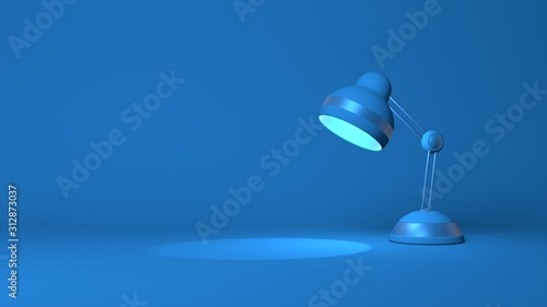 The table lamp is shining. Stylish minimal abstract horizontal scene  place for text. Trendy classic blue color. 3D rendering