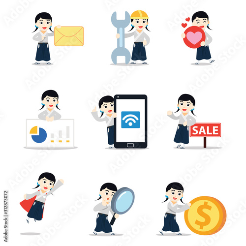 Set of woman character in aikido training.