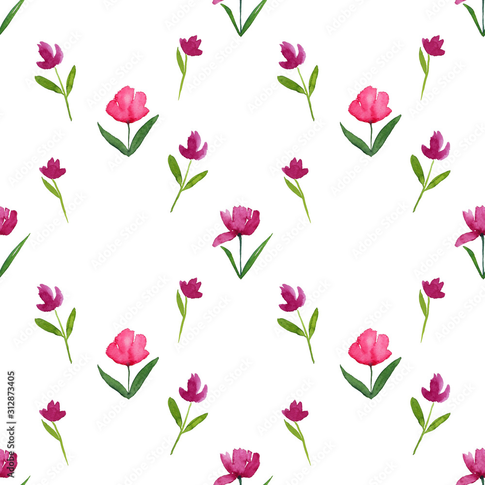 isolated dark pink and purple watercolor painted tulip with leaves in seamless pattern on white background. artwork is for background or tile print. Tulips are isolated and pathed.