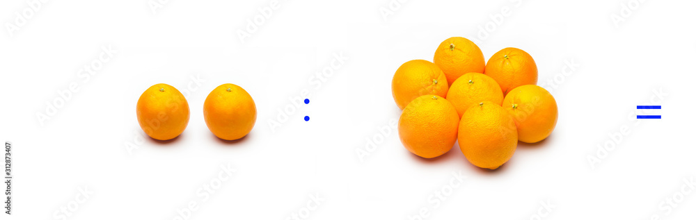 División sencilla entre naranjas, cálculo matemático de división. División sencilla entre naranjas, cálculo matemático de división.