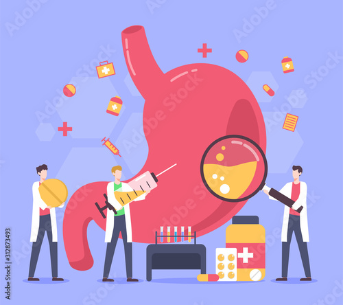 Stomach disease treatment with medicine and people illustration
