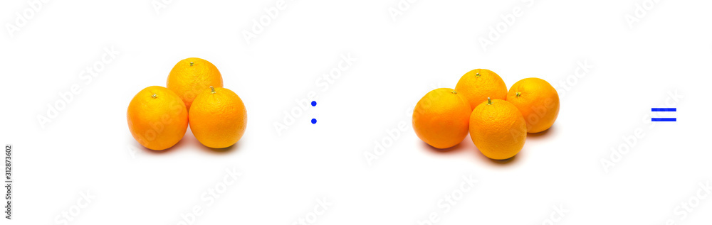 División sencilla entre naranjas, cálculo matemático de división. División sencilla entre naranjas, cálculo matemático de división.
