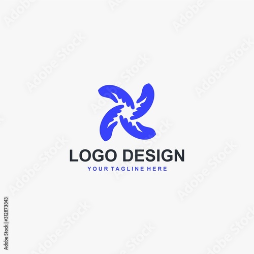 Circle hand logo design. Group abstract symbol. Blue color people care vector icons.