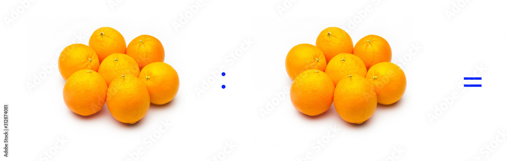 División sencilla entre naranjas, cálculo matemático de división. División sencilla entre naranjas, cálculo matemático de división.