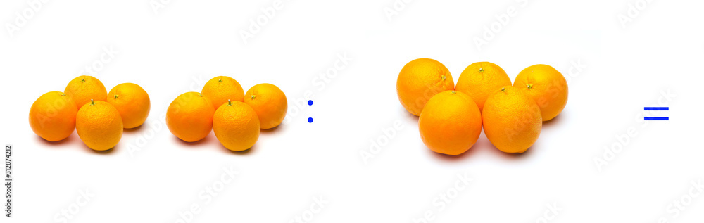 División sencilla entre naranjas, cálculo matemático de división. División sencilla entre naranjas, cálculo matemático de división.