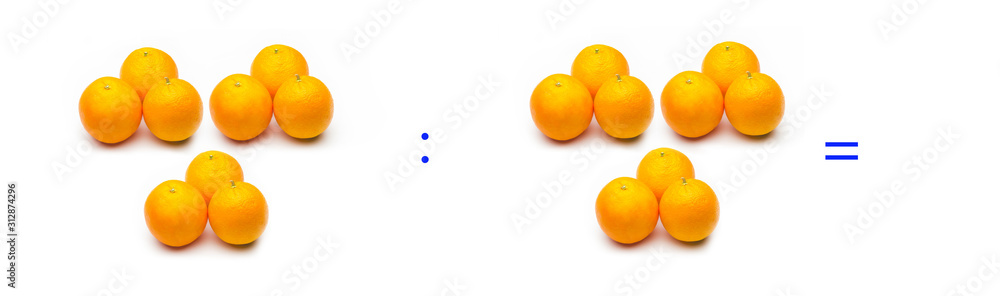 División sencilla entre naranjas, cálculo matemático de división. División sencilla entre naranjas, cálculo matemático de división.