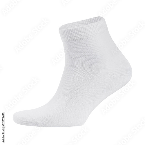 Blank white cotton medium sock on invisible foot isolated on white background as mock up for advertising, branding, design, side view, template.