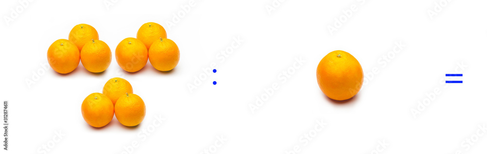 División sencilla entre naranjas, cálculo matemático de división. División sencilla entre naranjas, cálculo matemático de división.
