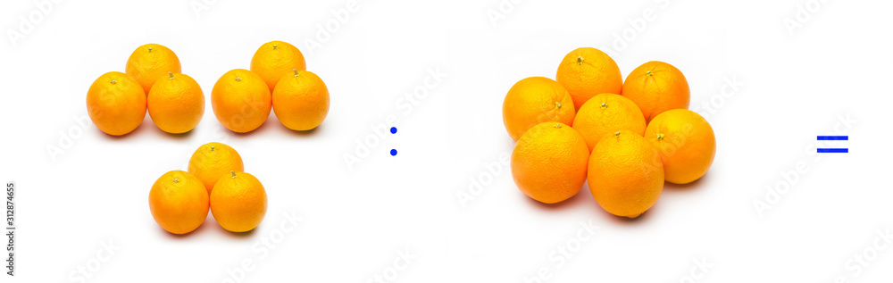 División sencilla entre naranjas, cálculo matemático de división. División sencilla entre naranjas, cálculo matemático de división.