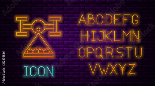 Glowing neon line Smart farm with drone control collects harvest icon isolated on brick wall background. Innovation technology for agricultural company. Neon light alphabet. Vector Illustration