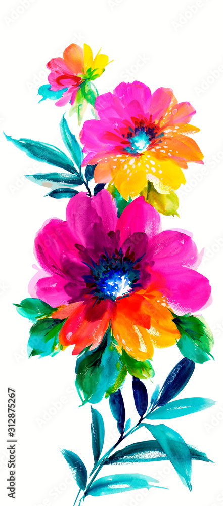 Colorful peony watercolor hand drawing