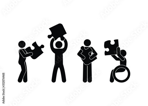 people hold puzzles, sticks figure human silhouette, pictogram man, inclusion symbol and accessible environment for disabled people