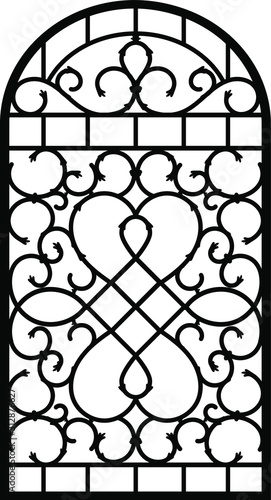Forged fence. Gothic door, vector design. Decorative garden gate. Metal pattern or iron wicket for garden, castel. Rich ornament. Scroll-work