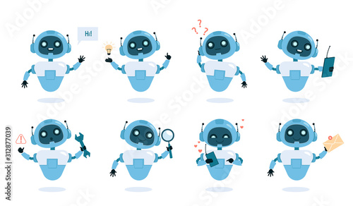 Chatbot functions and abilities flat vector illustrations set photo