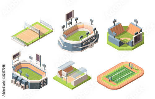 Sports fields, stadiums vector isometric illustrations set