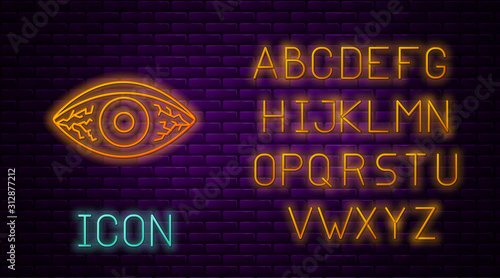 Glowing neon line Reddish eye due to viral, bacterial or allergic conjunctivitis icon isolated on brick wall background. Neon light alphabet. Vector Illustration