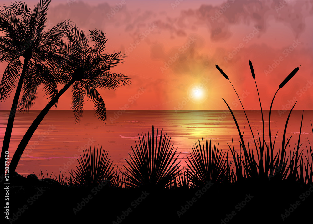 A Tropical Sunset or Sunrise with Palm Trees