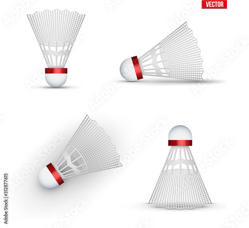 Set of Badminton shuttlecocks. Badminton Sport equipment. Shuttlecocks from various angles. Vector Illustration isolated on white background.