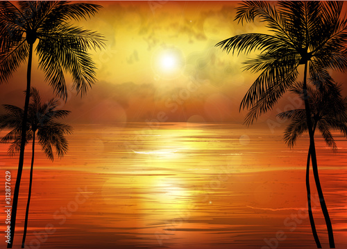 A Tropical Sunset or Sunrise with Palm Trees