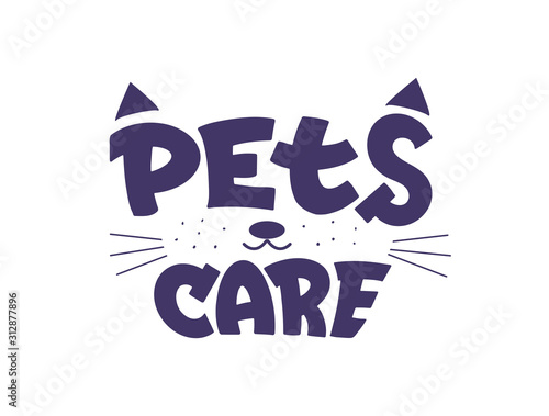 Pets care center flat vector logotype design. Stylized cat snout with handwritten lettering.