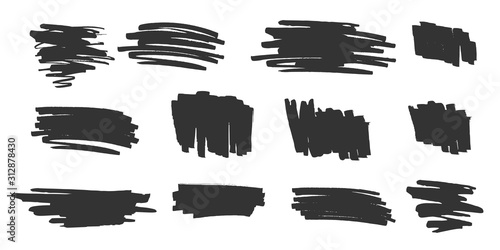 Vector grunge elements. Set of grungy hand drawn scribbles, marker strokes and highlight frame backgrounds isolated on white. Universal creative contemporary design elements illustration