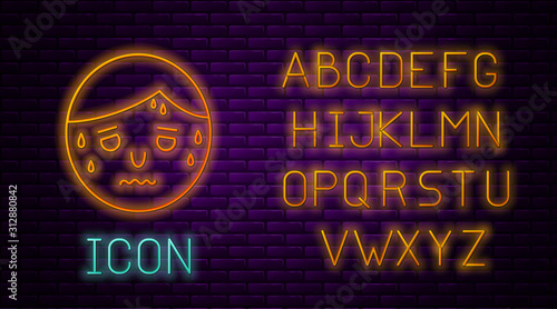 Glowing neon line Man with excessive sweating icon isolated on brick wall background. Neon light alphabet. Vector Illustration