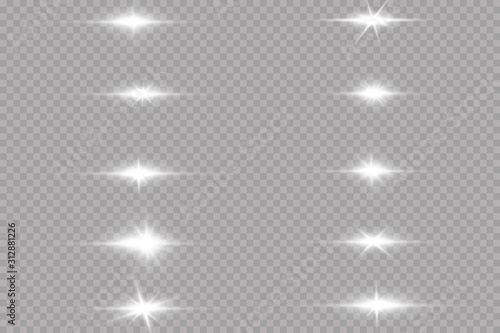 White glowing light explodes on a transparent background. with ray.  Transparent shining sun, bright flash.  Special lens flare light effect.