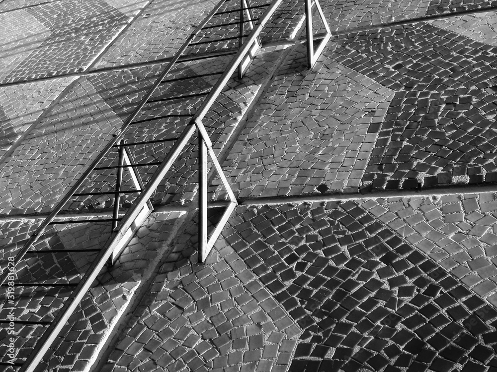 Fototapeta premium Fire escape. Soviet apartment building. Ust-Kamenogorsk (Kazakhstan). Architectural background. Black and White