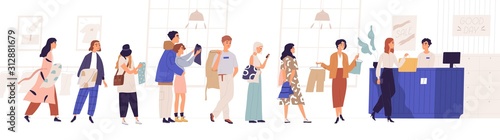 Shopping in store flat vector illustration. Sale, discount, special offer concept. Seller and people standing in queue cartoon characters. Male and female customers isolated on white background.