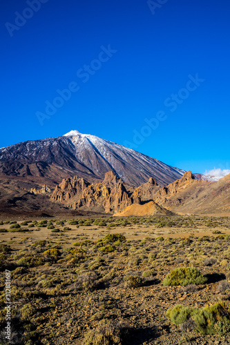 Obraz na płótnie Spain, Tenerife, Dry caldera desert nature landscape with some green plants at world famous volcano teide, peak covered by white snow in winter w salonie